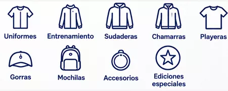 Categorías de prendas: uniformes, entrenamiento, sudaderas, chamarras, playeras, gorras, mochilas, accesorios y ediciones especiales
