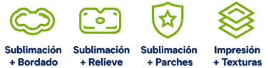 Iconos: Sublimación + Bordado, Relieve, Parches; Impresión + Texturas