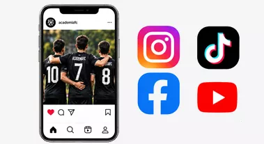 Publicación de Instagram de Academia FC mostrando jugadores con iconos de redes sociales